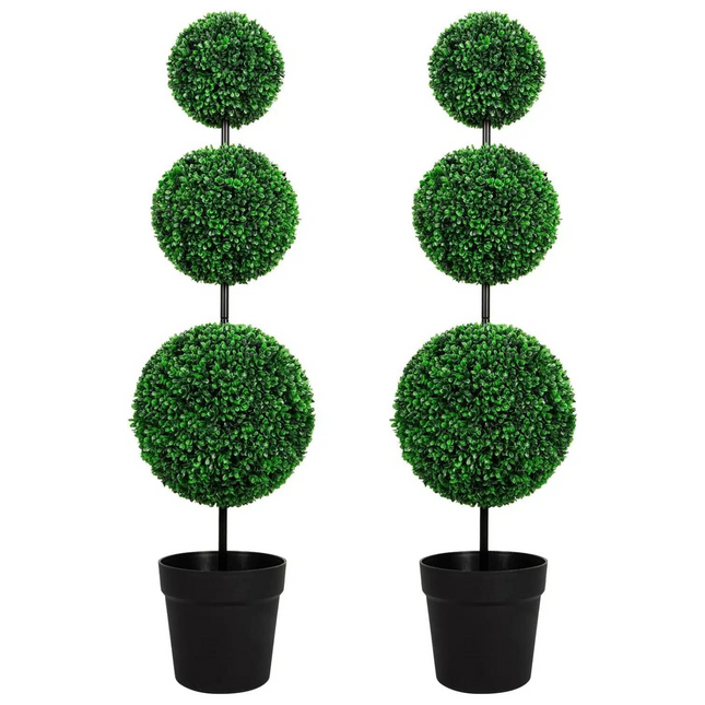 VIVATREES 4ft UV-Resistant Artificial Triple Ball Boxwood Topiary Set of 2, All-Weather Outdoor & Indoor Decor for Garden, Porch, Entryway