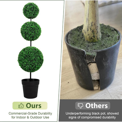 VIVATREES 4ft UV-Resistant Artificial Triple Ball Boxwood Topiary Set of 2, All-Weather Outdoor & Indoor Decor for Garden, Porch, Entryway