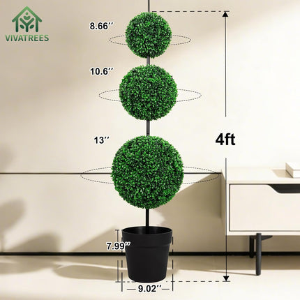 VIVATREES 4ft UV-Resistant Artificial Triple Ball Boxwood Topiary Set of 2, All-Weather Outdoor & Indoor Decor for Garden, Porch, Entryway
