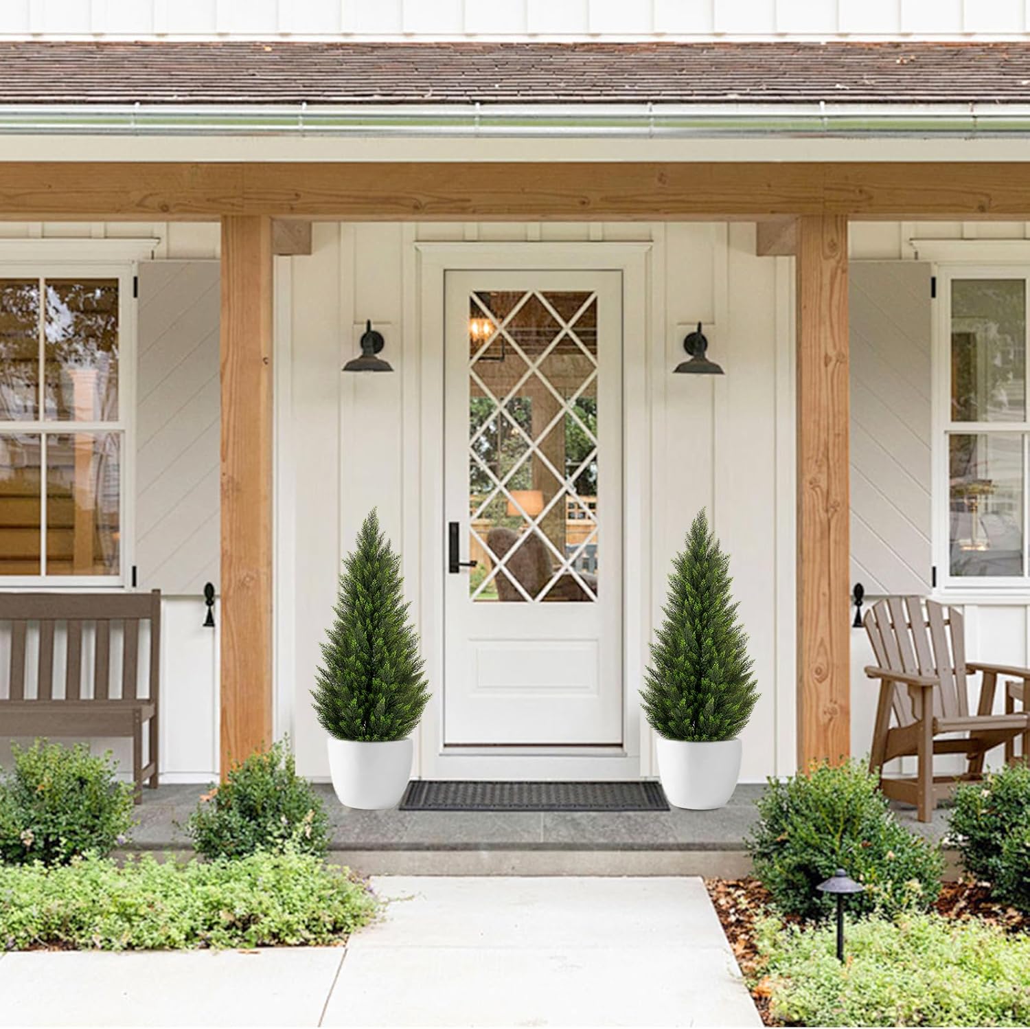 VIVATREES 2Pack 3-5ft Artificial Cedar Topiary UV-Resistant, Commercial-Grade Wind-Proof Faux Pine for All-Season Porch & Entryway Decor