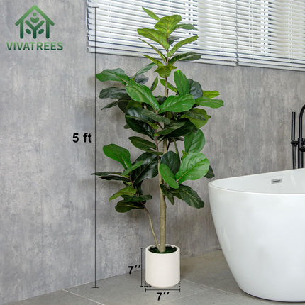 6FT/5FT Artificial Fiddle Leaf Fig Tree in White Planter Faux Indoor Outdoor Floor Plant with Realistic Leaves for Home & Office Decor