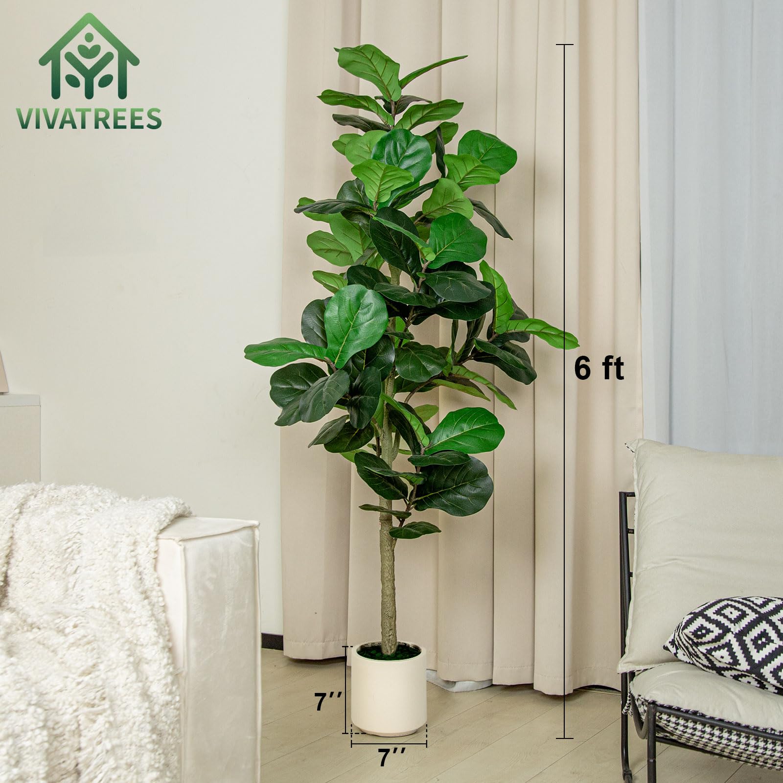 5FT/6FT Artificial Fiddle Leaf Fig Tree in White Planter  Faux IndoorOutdoor Floor Plant with Realistic Leaves for Home & Office Decor