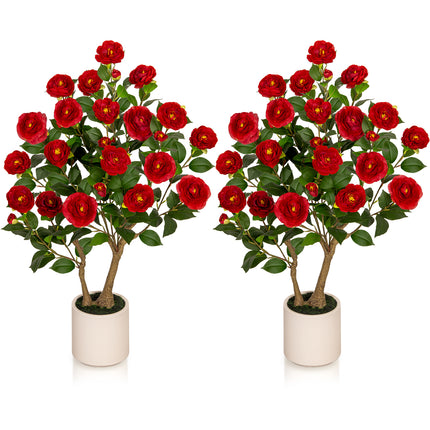 VIVATREES 3ft Artificial Camellia Tree 2 Pack, 36'' Tall Faux Camellia Plant with Red Flowers, UV Resistant Indoor Outdoor Fake Tree with White Planter Pot Included for Home Patio Wedding Decor