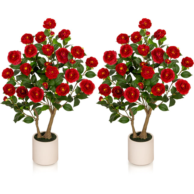 VIVATREES 3ft Artificial Camellia Tree 2 Pack, 36'' Tall Faux Camellia Plant with Red Flowers, UV Resistant Indoor Outdoor Fake Tree with White Planter Pot Included for Home Patio Wedding Decor