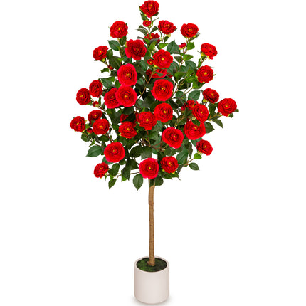 VIVATREES 5ft Artificial Camellia Tree, 60'' Tall Faux Camellia Plant with Red Flowers, UV Resistant Indoor Outdoor Fake Tree with White Planter Pot Included for Living Room Patio Wedding Decor