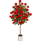 VIVATREES 5ft Artificial Camellia Tree, 60'' Tall Faux Camellia Plant with Red Flowers, UV Resistant Indoor Outdoor Fake Tree with White Planter Pot Included for Living Room Patio Wedding Decor