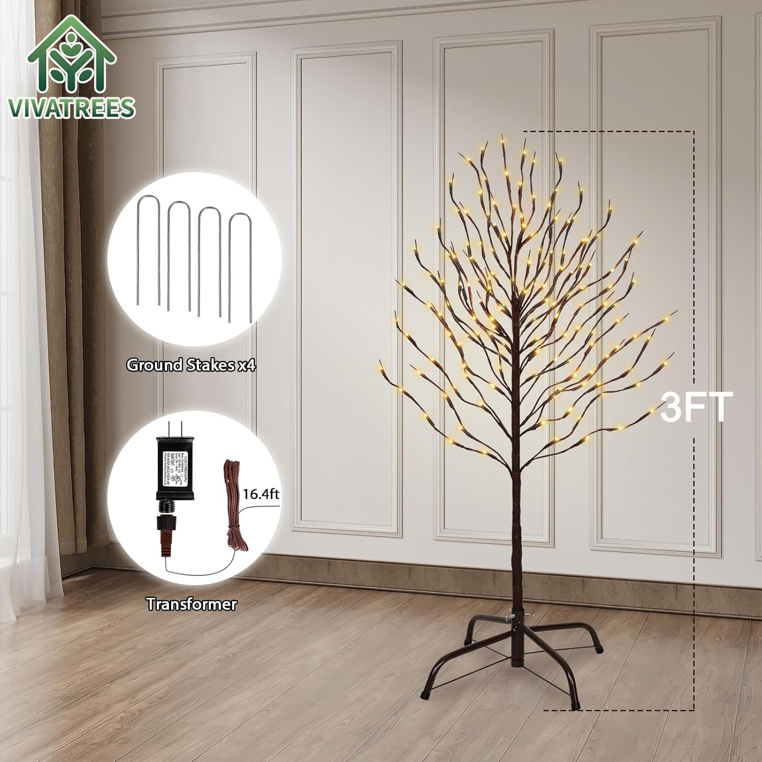VIVATREES Twinkling Twig Trees, 3ft Lighted Branches with Warm White Fairy Lights, Indoor Outdoor Christmas & Wedding Decor (Brown Branch Star Trees)