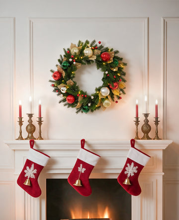 32 In Holiday Jewel Pre-Lit Artificial Christmas Wreath with Red, Green & Gold Ornaments