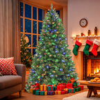 Vivatrees 6FT 7.5FT Pre-Lit Artificial Christmas Tree with Color-Changing LED Lights, Hinged Branches, Folding Metal Stand, 10 Lighting Effects for Holiday Home Decoration