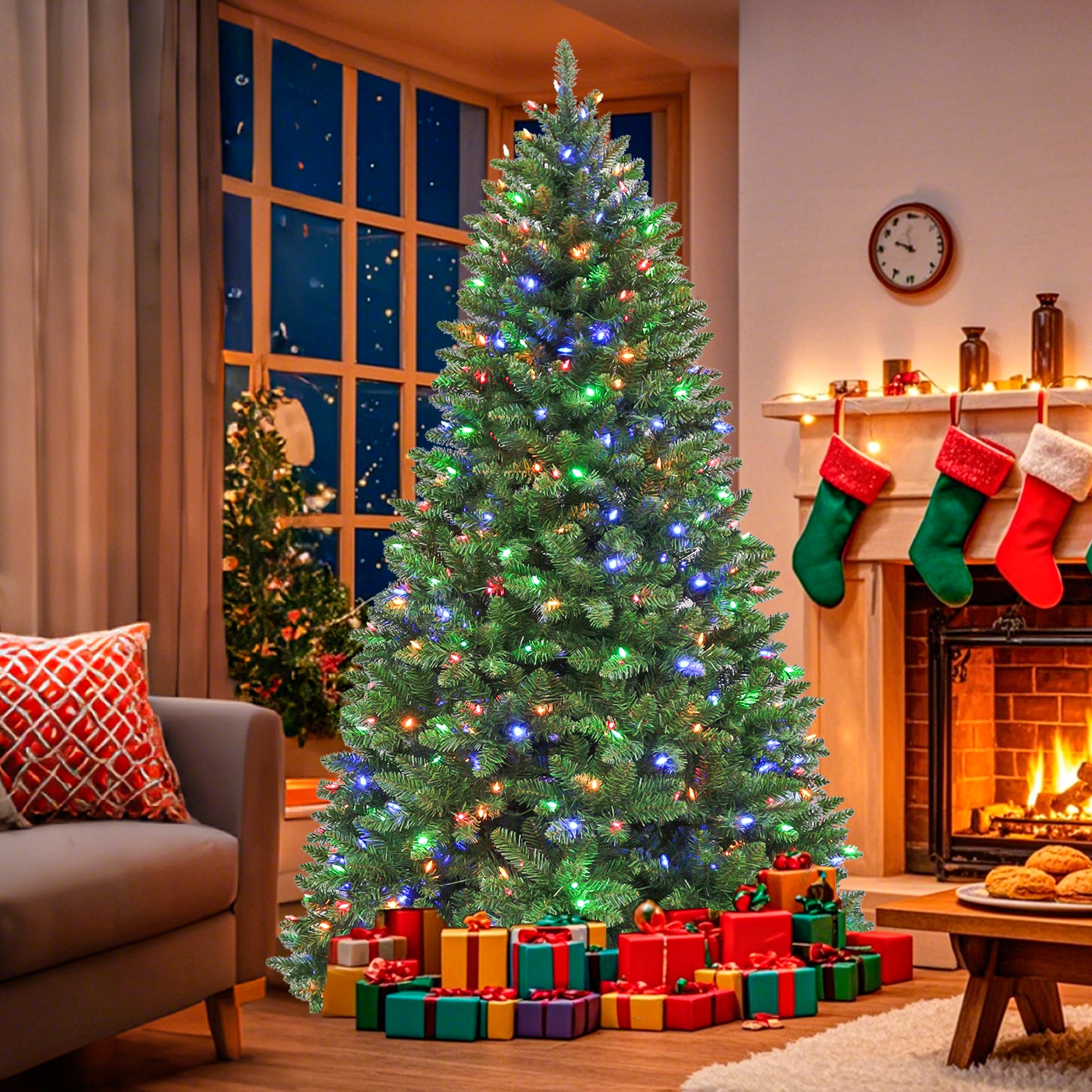 Vivatrees 6FT 7.5FT Pre-Lit Artificial Christmas Tree with Color-Changing LED Lights, Hinged Branches, Folding Metal Stand, 10 Lighting Effects for Holiday Home Decoration