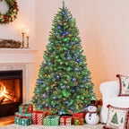 Vivatrees 6FT 7.5FT Pre-Lit Artificial Christmas Tree with Color-Changing LED Lights, Hinged Branches, Folding Metal Stand, 10 Lighting Effects for Holiday Home Decoration