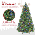 Vivatrees 6FT 7.5FT Pre-Lit Artificial Christmas Tree with Color-Changing LED Lights, Hinged Branches, Folding Metal Stand, 10 Lighting Effects for Holiday Home Decoration