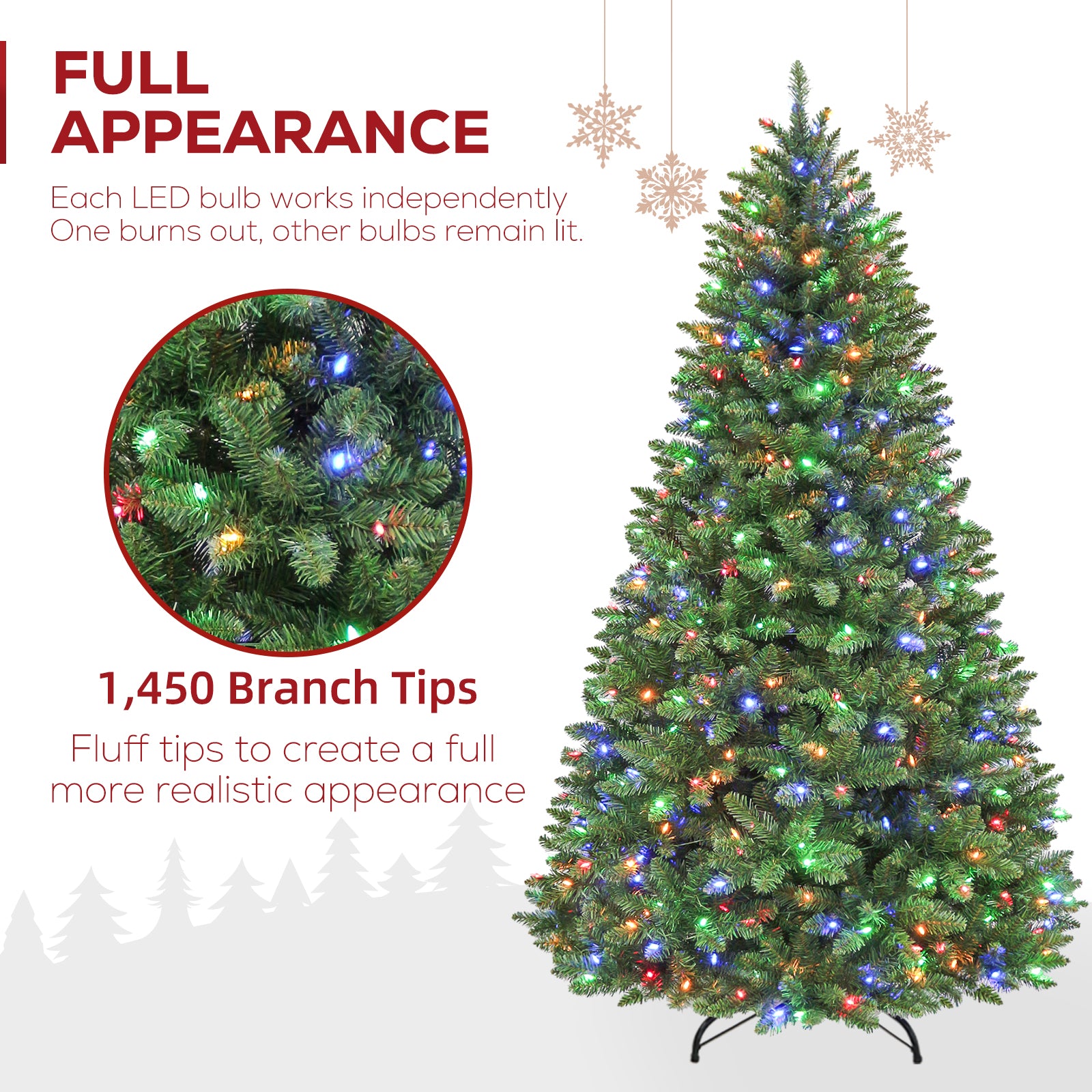 Vivatrees 6FT 7.5FT Pre-Lit Artificial Christmas Tree with Color-Changing LED Lights, Hinged Branches, Folding Metal Stand, 10 Lighting Effects for Holiday Home Decoration