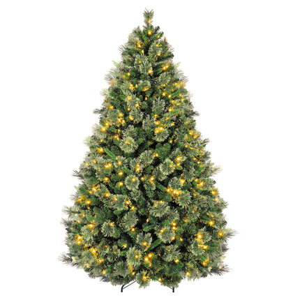 Vivatrees 6FT 7.5FT Artificial Christmas Tree Prelit, Partially Flocked with Warm White Lights, Metal Stand, Hinged Branches, Green Xmas Tree for Decor