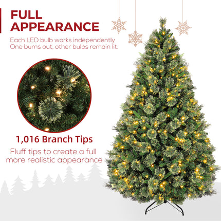 Vivatrees 6FT 7.5FT Artificial Christmas Tree Prelit, Partially Flocked with Warm White Lights, Metal Stand, Hinged Branches, Green Xmas Tree for Decor