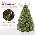 Vivatrees 6FT 7.5FT Artificial Christmas Tree Prelit, Partially Flocked with Warm White Lights, Metal Stand, Hinged Branches, Green Xmas Tree for Decor