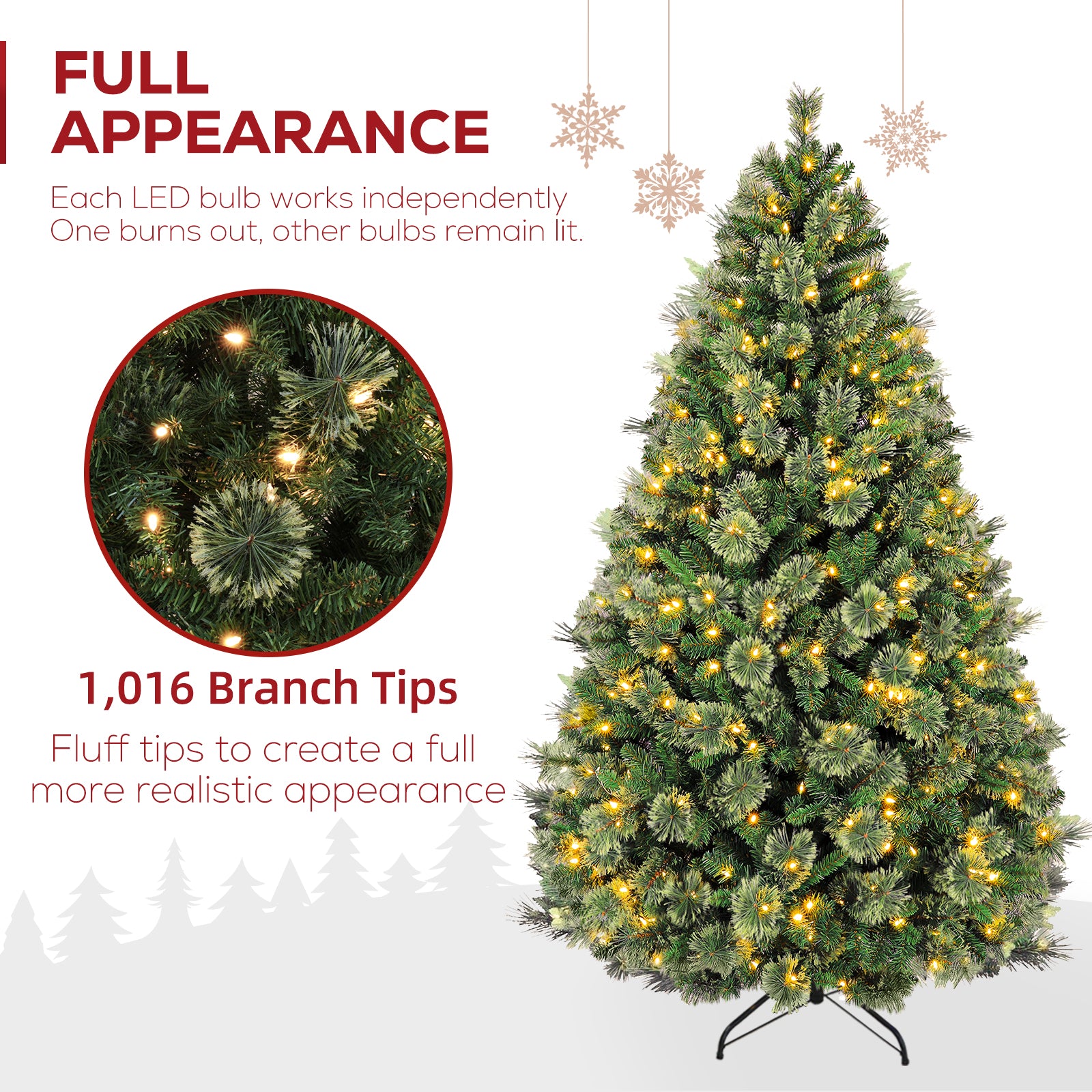 Vivatrees 6FT 7.5FT Artificial Christmas Tree Prelit, Partially Flocked with Warm White Lights, Metal Stand, Hinged Branches, Green Xmas Tree for Decor