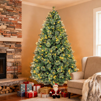 Vivatrees 6FT 7.5FT Artificial Christmas Tree Prelit, Partially Flocked with Warm White Lights, Metal Stand, Hinged Branches, Green Xmas Tree for Decor
