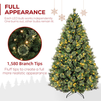 Vivatrees 6FT 7.5FT Artificial Christmas Tree Prelit, Partially Flocked with Warm White Lights, Metal Stand, Hinged Branches, Green Xmas Tree for Decor