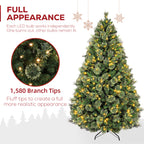 Vivatrees 6FT 7.5FT Artificial Christmas Tree Prelit, Partially Flocked with Warm White Lights, Metal Stand, Hinged Branches, Green Xmas Tree for Decor
