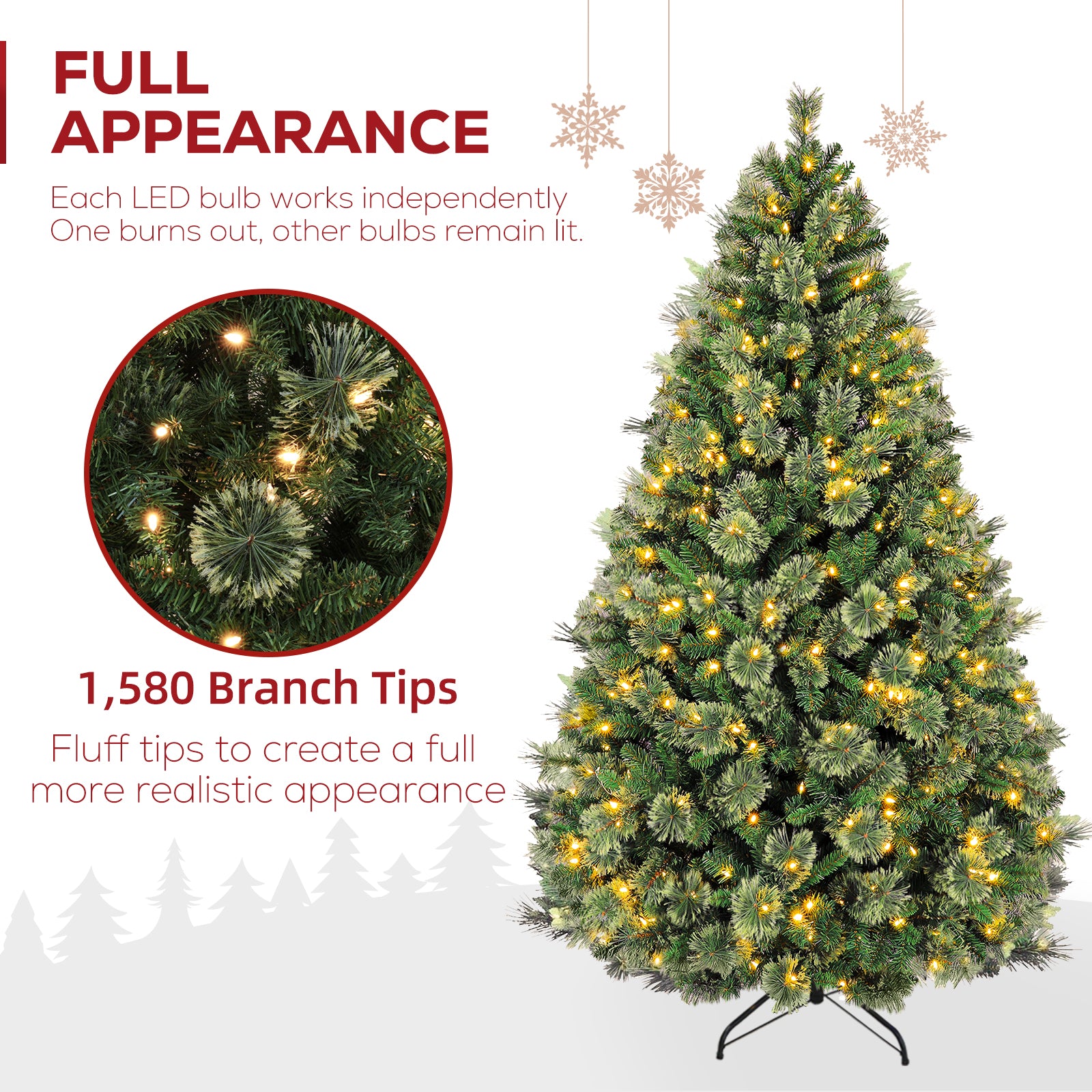 Vivatrees 6FT 7.5FT Artificial Christmas Tree Prelit, Partially Flocked with Warm White Lights, Metal Stand, Hinged Branches, Green Xmas Tree for Decor