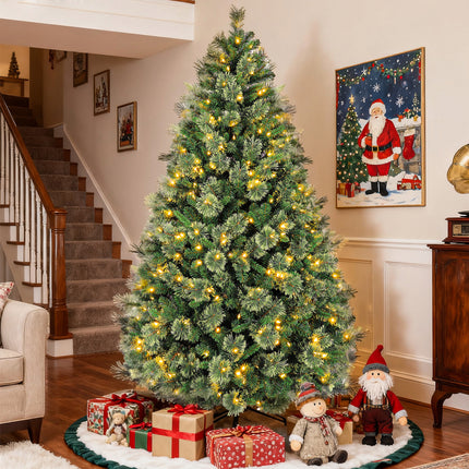 Vivatrees 6FT 7.5FT Artificial Christmas Tree Prelit, Partially Flocked with Warm White Lights, Metal Stand, Hinged Branches, Green Xmas Tree for Decor