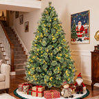 Vivatrees 6FT 7.5FT Artificial Christmas Tree Prelit, Partially Flocked with Warm White Lights, Metal Stand, Hinged Branches, Green Xmas Tree for Decor