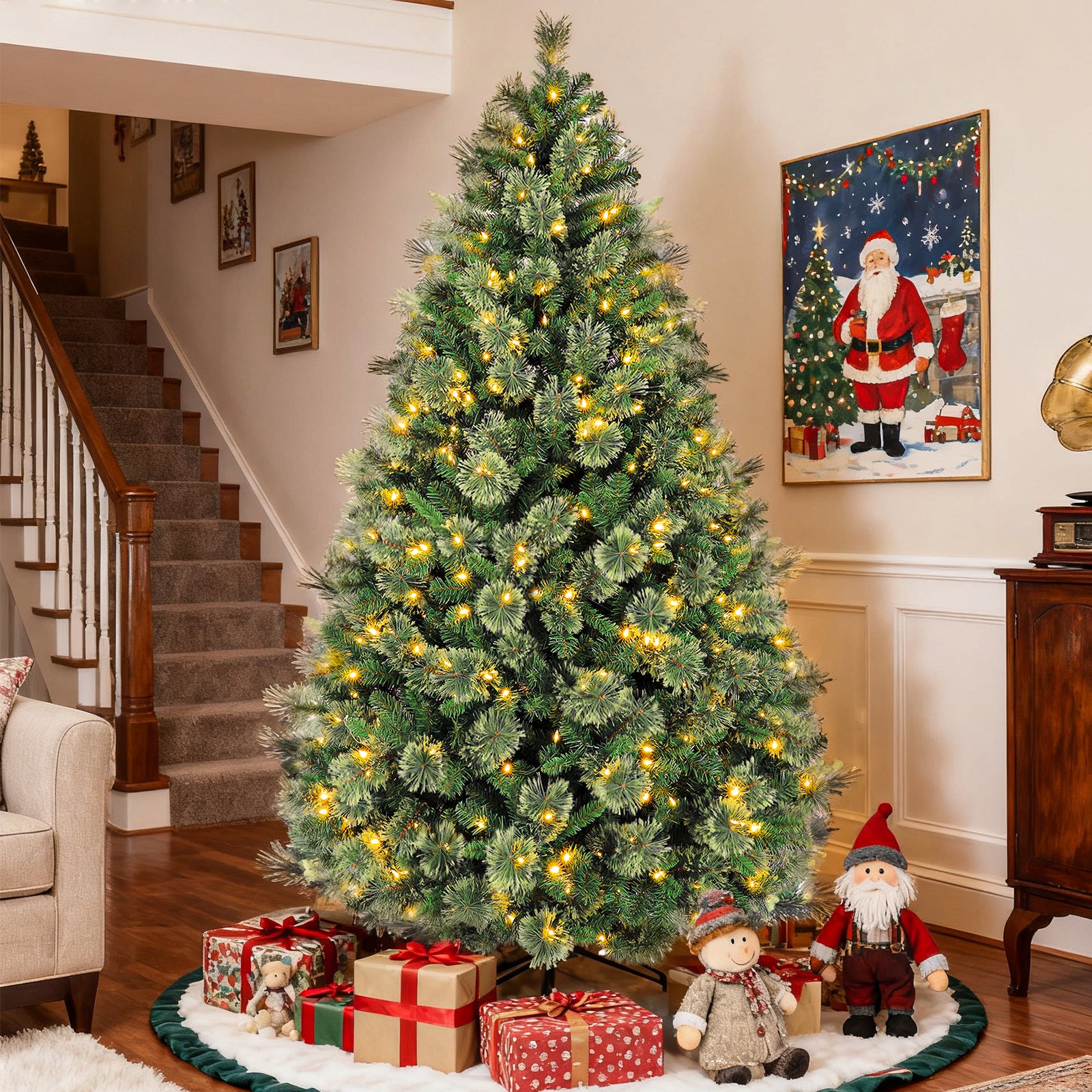 Vivatrees 6FT 7.5FT Artificial Christmas Tree Prelit, Partially Flocked with Warm White Lights, Metal Stand, Hinged Branches, Green Xmas Tree for Decor