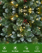 7.5' Frostberry Pine Pre-Lit Frosted Christmas Tree with Red Berries with 350 Warm White LED Lights