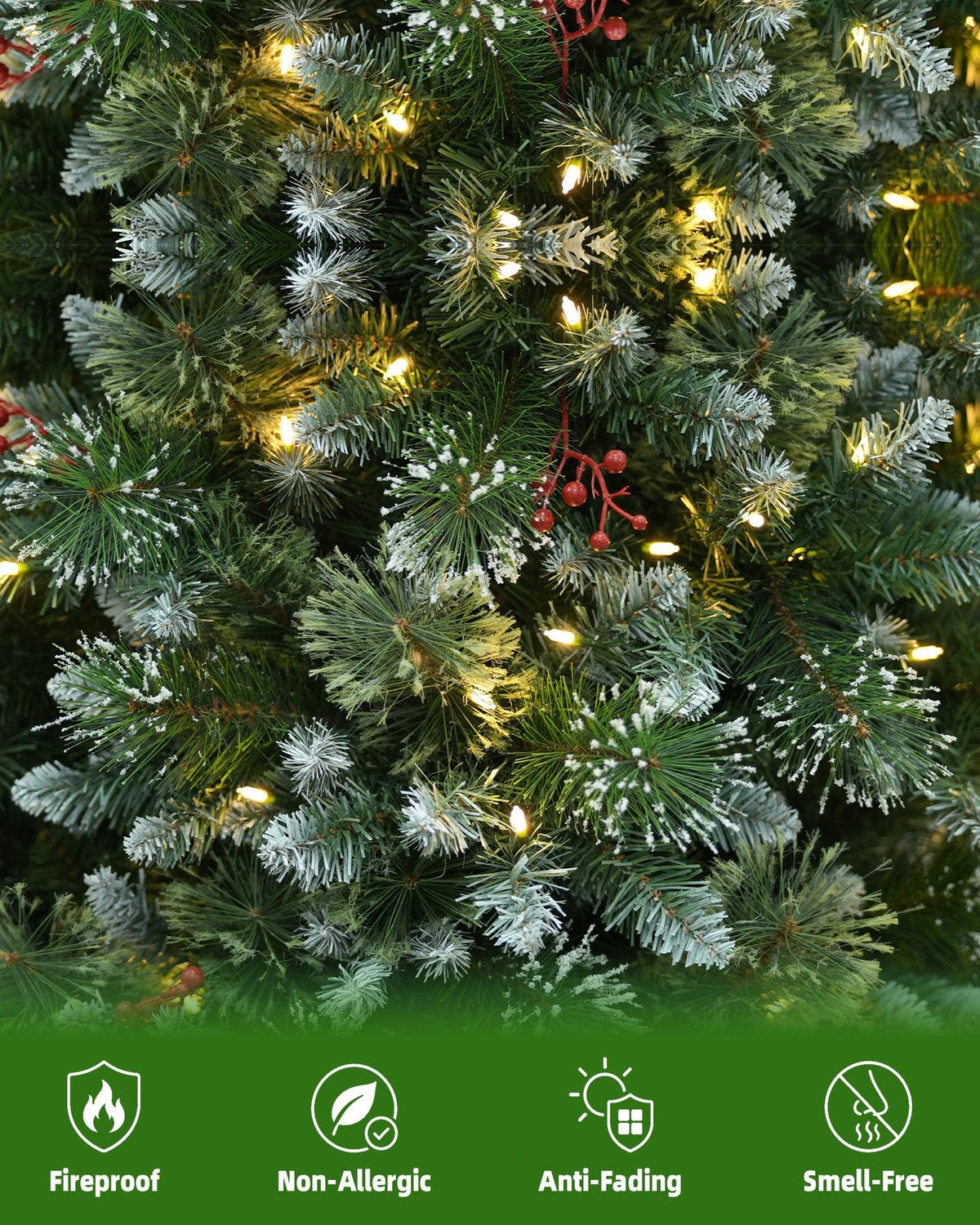 7.5' Frostberry Pine Pre-Lit Frosted Christmas Tree with Red Berries with 350 Warm White LED Lights