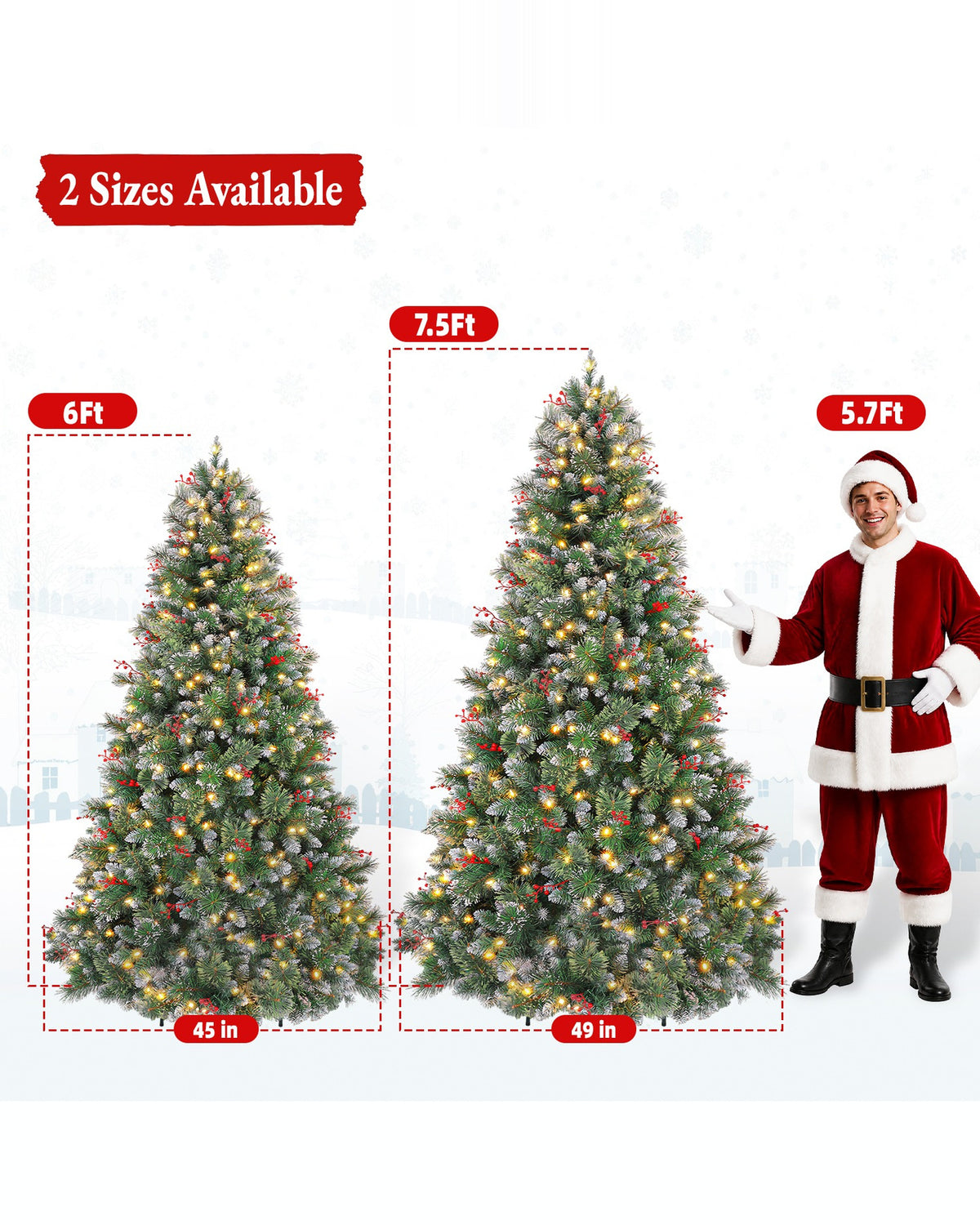 7.5' Frostberry Pine Pre-Lit Frosted Christmas Tree with Red Berries with 350 Warm White LED Lights