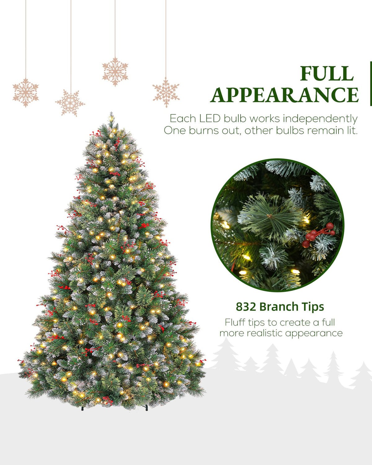6' Frostberry Pine Pre-Lit Frosted Christmas Tree with Red Berries with 250 Warm White LED Lights