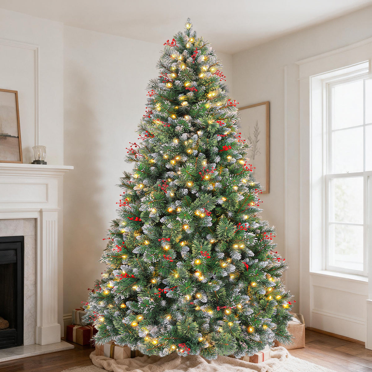 6' Frostberry Pine Pre-Lit Frosted Christmas Tree with Red Berries with 250 Warm White LED Lights