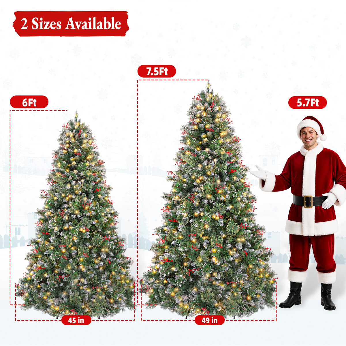 6' Frostberry Pine Pre-Lit Frosted Christmas Tree with Red Berries with 250 Warm White LED Lights
