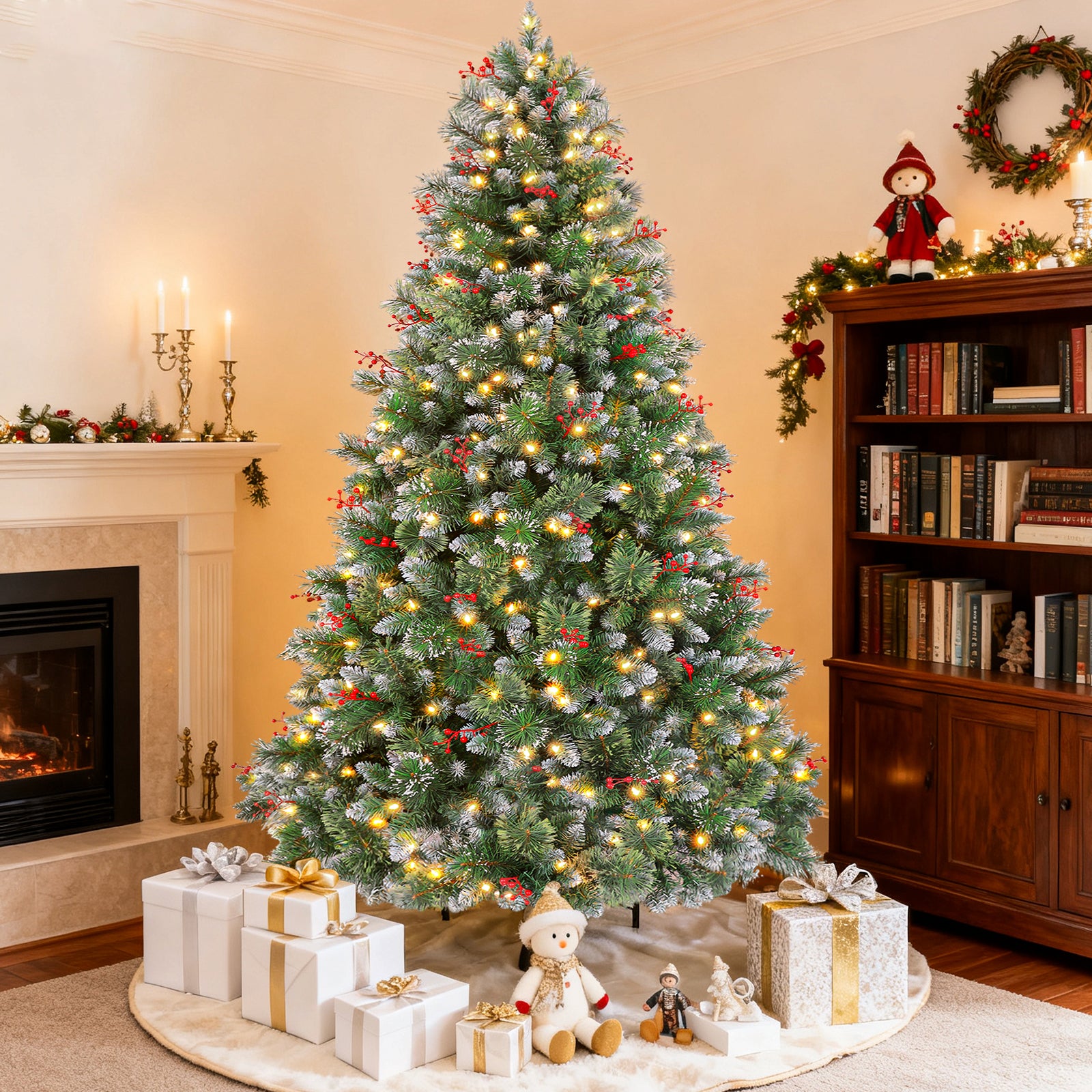 Vivatrees 6FT 7.5FT Flocked Christmas Tree Prelit Snow Pine with Red Berries Partially Frosted Xmas, Warm White LED Lights