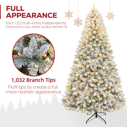 Vivatrees 6FT 7.5FT Prelit Artificial Christmas Tree, with Warm White Lights, Metal Stand, Hinged Branches, Snow Flocked, Xmas Tree for Decor, White
