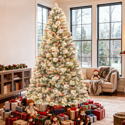 Vivatrees 6FT 7.5FT Flocked Christmas Tree Prelit Snow Hinged Branches Metal Stand Artificial Xmas Tree Warm White LED Lights