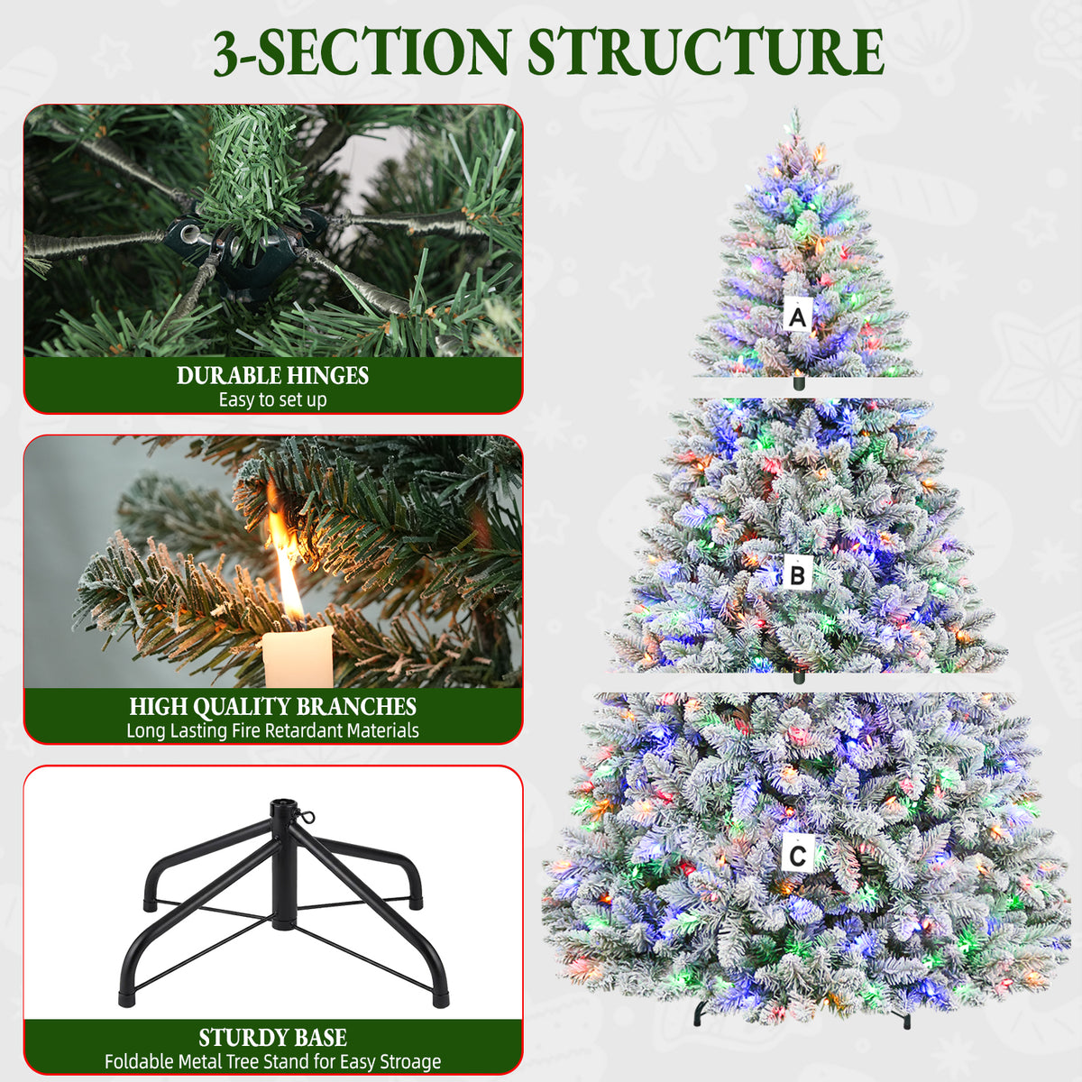 7.5 Ft Lightly Flocked Pre-Lit Artificial Christmas Tree with 450 Dual-Color LED Lights & 10 Lighting Modes