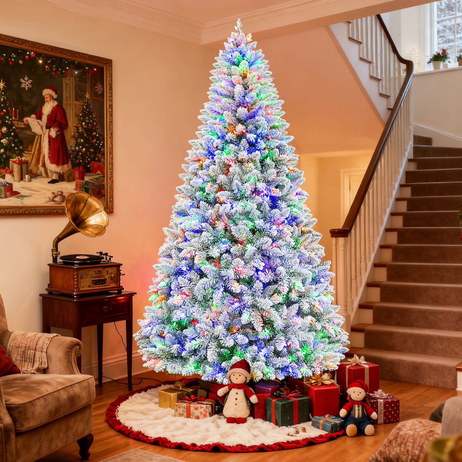 Vivatrees 6FT 7.5FT Prelit Artificial Christmas Tree, 10 Lighting Modes with Multi Color, Snow Flocked Tree, Hinged Branch for Decor, White