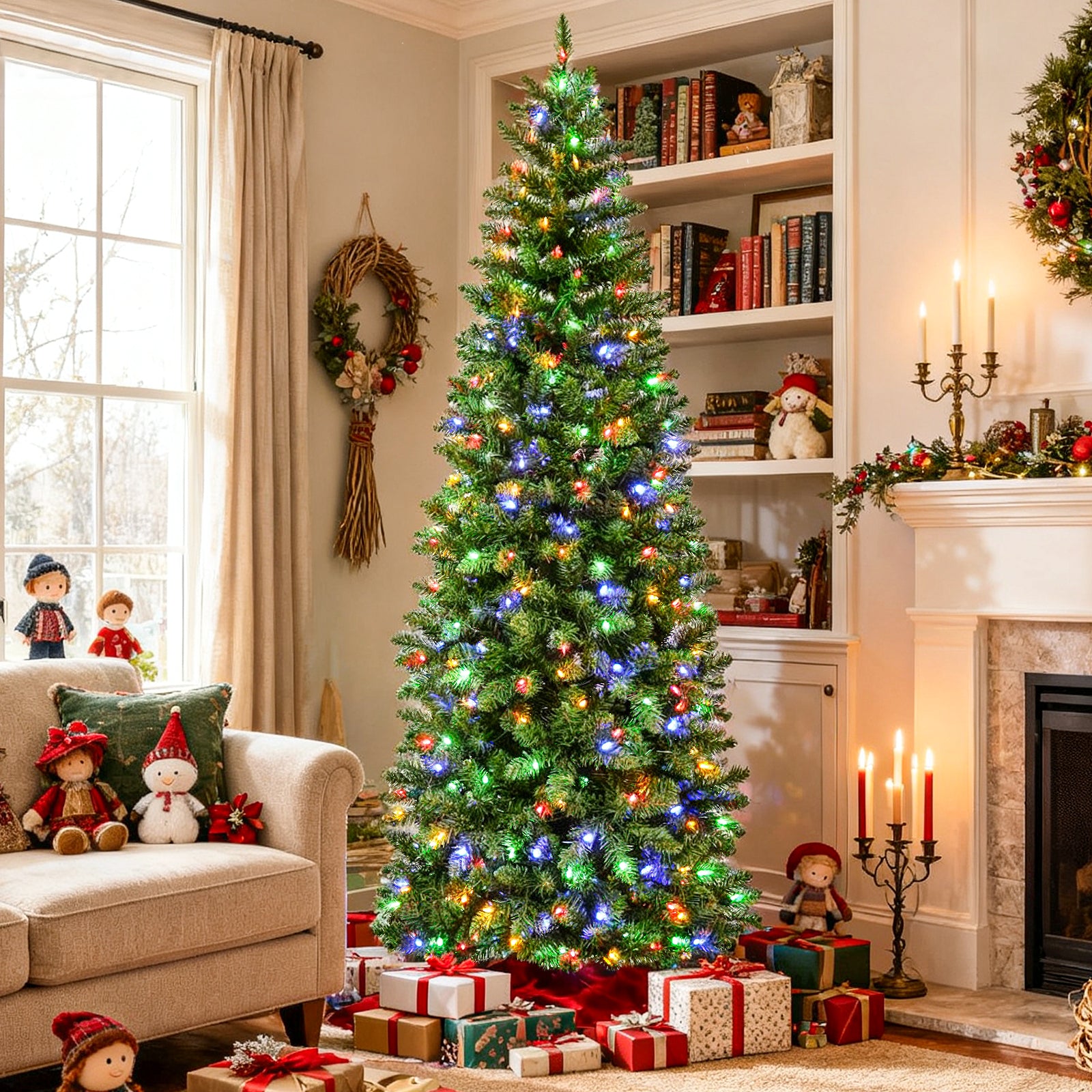 Vivatrees 6FT 7.5FT Prelit Pencil Slim Christmas Tree, Color Changing LED Lights, Hinged Branches, Metal Stand, Artificial Pine Tree for Holiday Decor