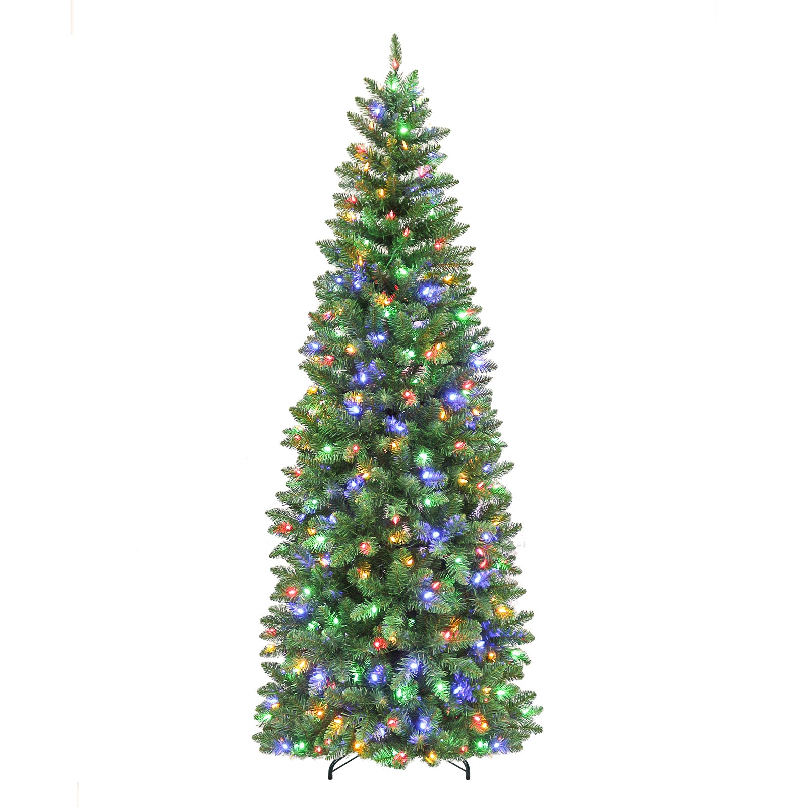Vivatrees 6FT 7.5FT Prelit Pencil Slim Christmas Tree, Color Changing LED Lights, Hinged Branches, Metal Stand, Artificial Pine Tree for Holiday Decor