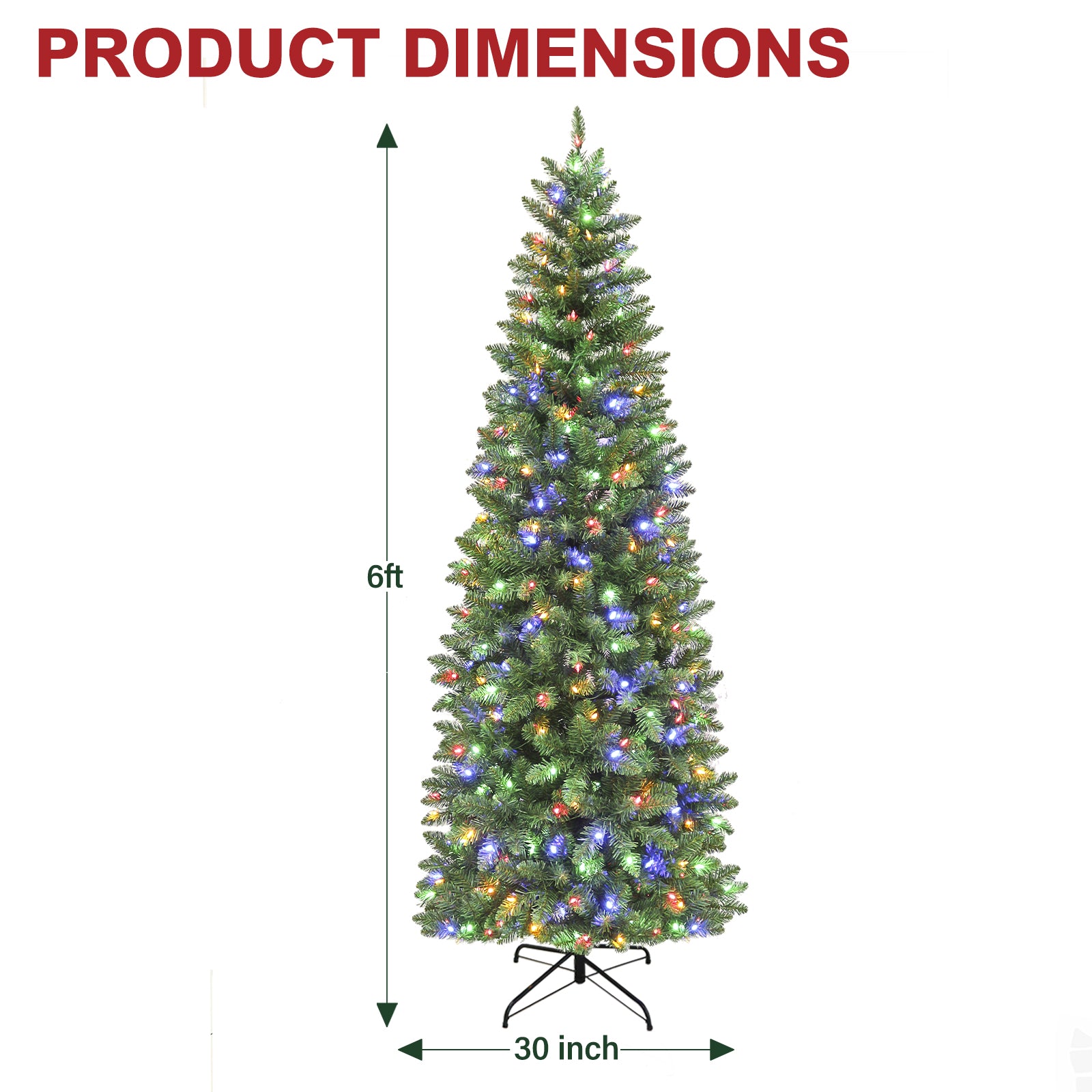 Vivatrees 6FT 7.5FT Prelit Pencil Slim Christmas Tree, Color Changing LED Lights, Hinged Branches, Metal Stand, Artificial Pine Tree for Holiday Decor