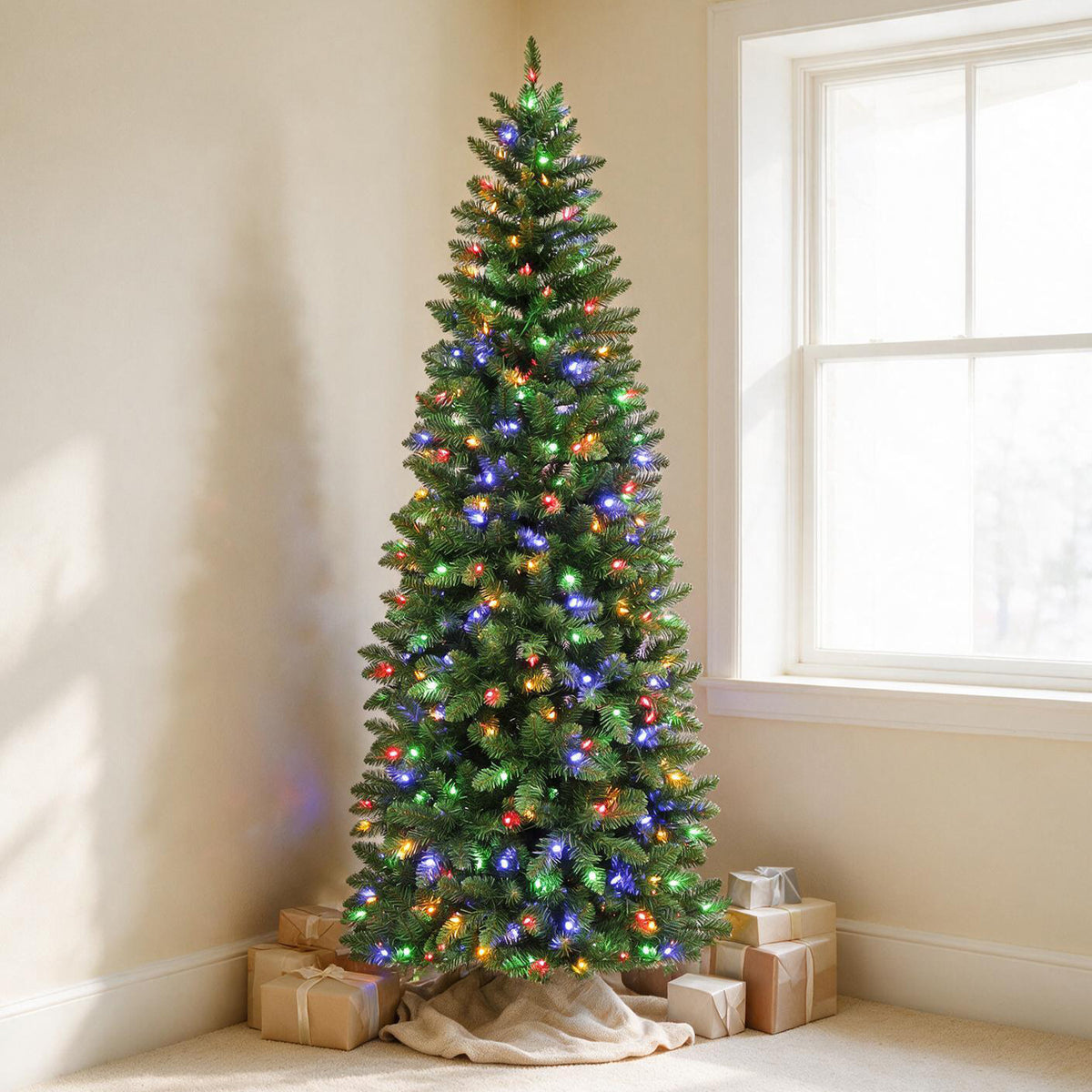 6 Ft Slim Pre-Lit Artificial Christmas Tree with 200 Dual-Color LED Lights & 10 Lighting Modes