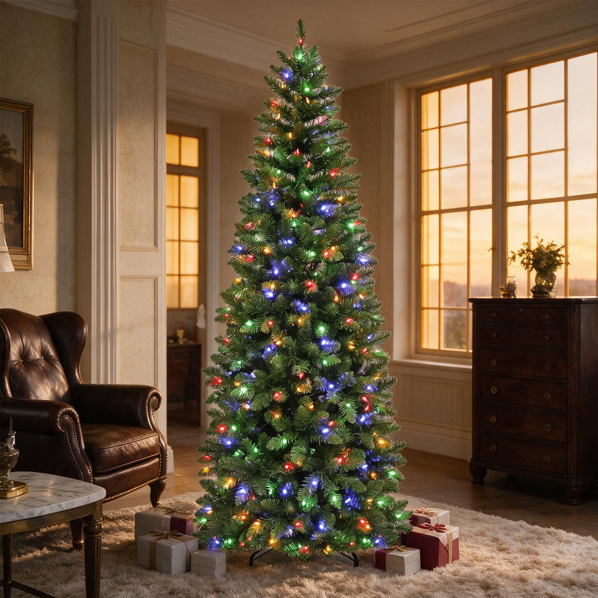 7.5 Ft Slim Pre-Lit Artificial Christmas Tree with 300 Warm White LED Lights
