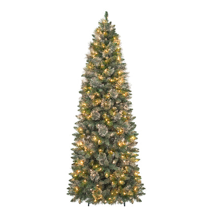Vivatrees 6FT 7.5FT Prelit Pencil Slim Christmas Tree, Warm White LED Lights, Metal Stand, Hinged Branches, Artificial Pine Tree for Holiday Decor
