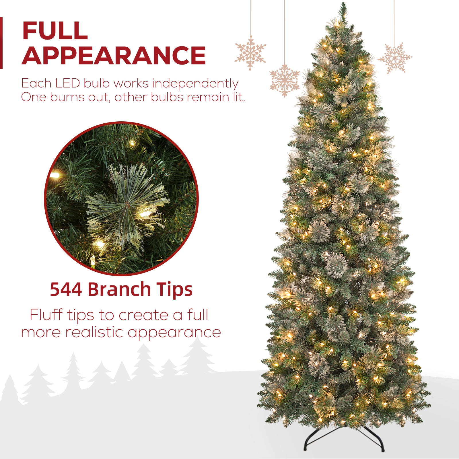 Vivatrees 6FT 7.5FT Prelit Pencil Slim Christmas Tree, Warm White LED Lights, Metal Stand, Hinged Branches, Artificial Pine Tree for Holiday Decor