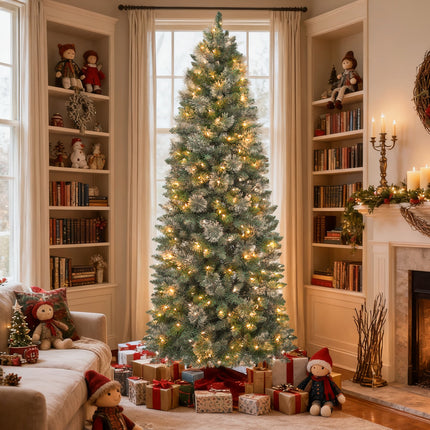 Vivatrees 6FT 7.5FT Prelit Pencil Slim Christmas Tree, Warm White LED Lights, Metal Stand, Hinged Branches, Artificial Pine Tree for Holiday Decor