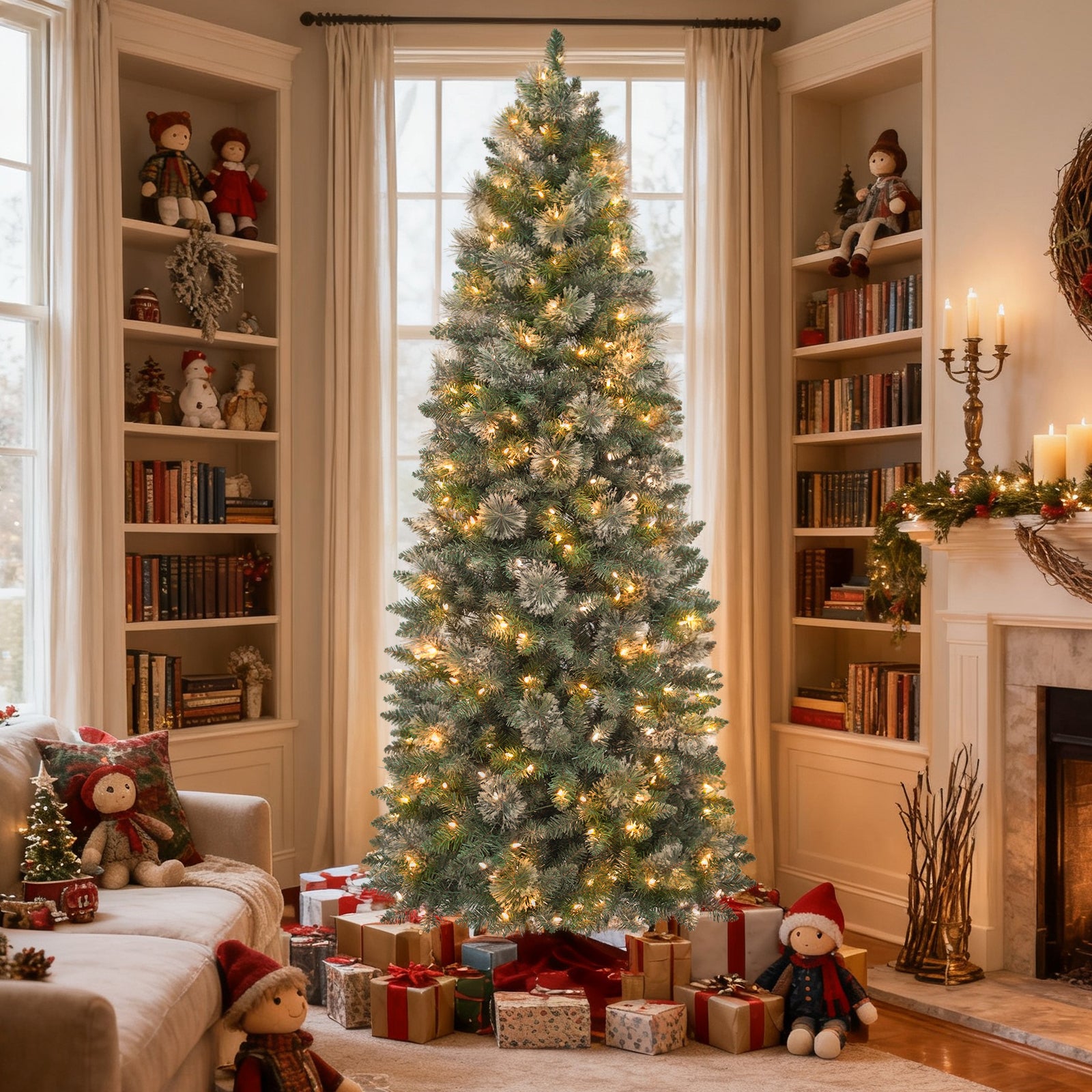Vivatrees 6FT 7.5FT Prelit Pencil Slim Christmas Tree, Warm White LED Lights, Metal Stand, Hinged Branches, Artificial Pine Tree for Holiday Decor