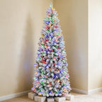 6 Ft Slim Snow-Flocked Pre-Lit Artificial Christmas Tree with 200 Dual-Color LED Lights & 10 Lighting Modes