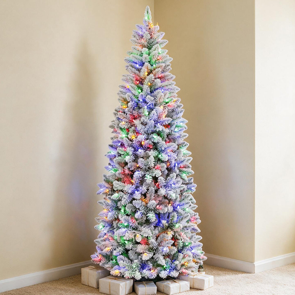 7.5 Ft Slim Snow-Flocked Pre-Lit Artificial Christmas Tree with 300 Dual-Color LED Lights & 10 Lighting Modes